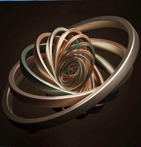 A complex metallic spiral sculpture with intertwined loops in shades of copper and green on a dark background.