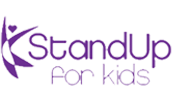 Purple "StandUp" logo with a stylized figure on the left, designed to resemble a person standing with arms raised, and a heart for the head.