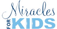 Logo reading "Miracles for Kids" with decorative blue text for "Miracles" and solid blue text for "for KIDS.