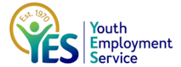 Logo for Youth Employment Service featuring a figure with raised arms inside a circle. Beside the circle, the letters "YES" are stacked vertically, with "Youth Employment Service" written to the right.