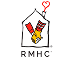 RMHC logo depicting a house with a heart-shaped chimney and two hands shaking, one yellow gloved and striped and the other bare, with "RMHC" text below.