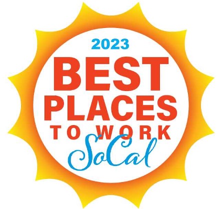 2023 Best Places to Work SoCal logo, featuring a sunburst design with bold red text and blue accents.