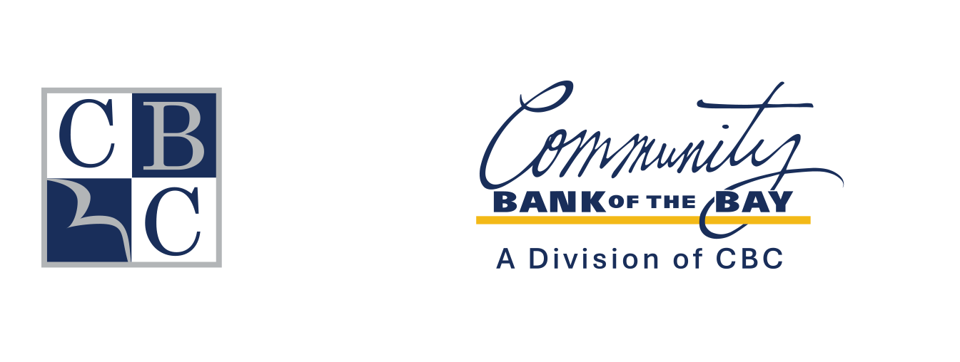 Logo of Community Bank of the Bay, a division of CBC, featuring the CBC mark followed by the bank name in stylized blue and yellow text.