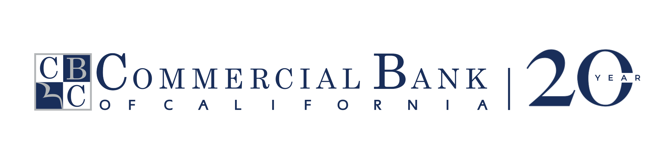 Logo of Commercial Bank of California, featuring the initials CBC and marking its 20th anniversary.