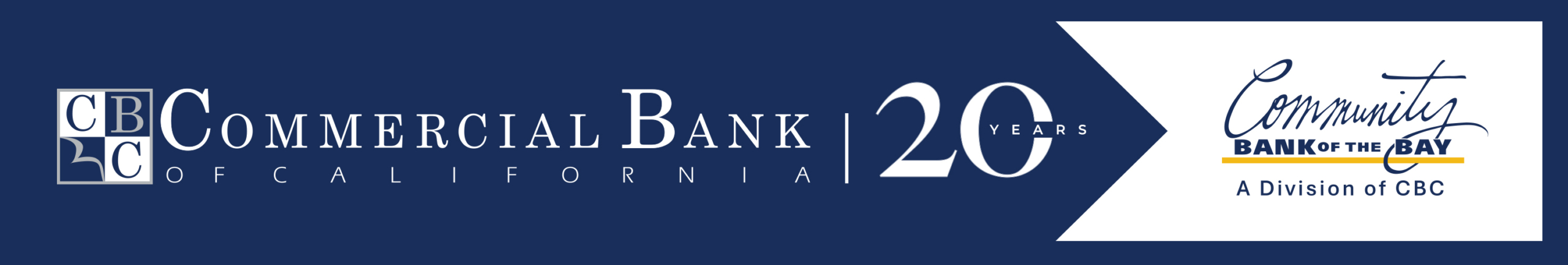 Logo of Commercial Bank of California celebrating 20 years, featuring the tagline "Community Bank of the Bay, A Division of CBC.