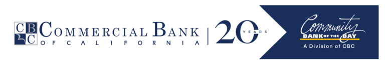 Commercial Bank of California logo celebrating 20 years. Community Bank of the Bay logo is also featured, labeled as a division of CBC.